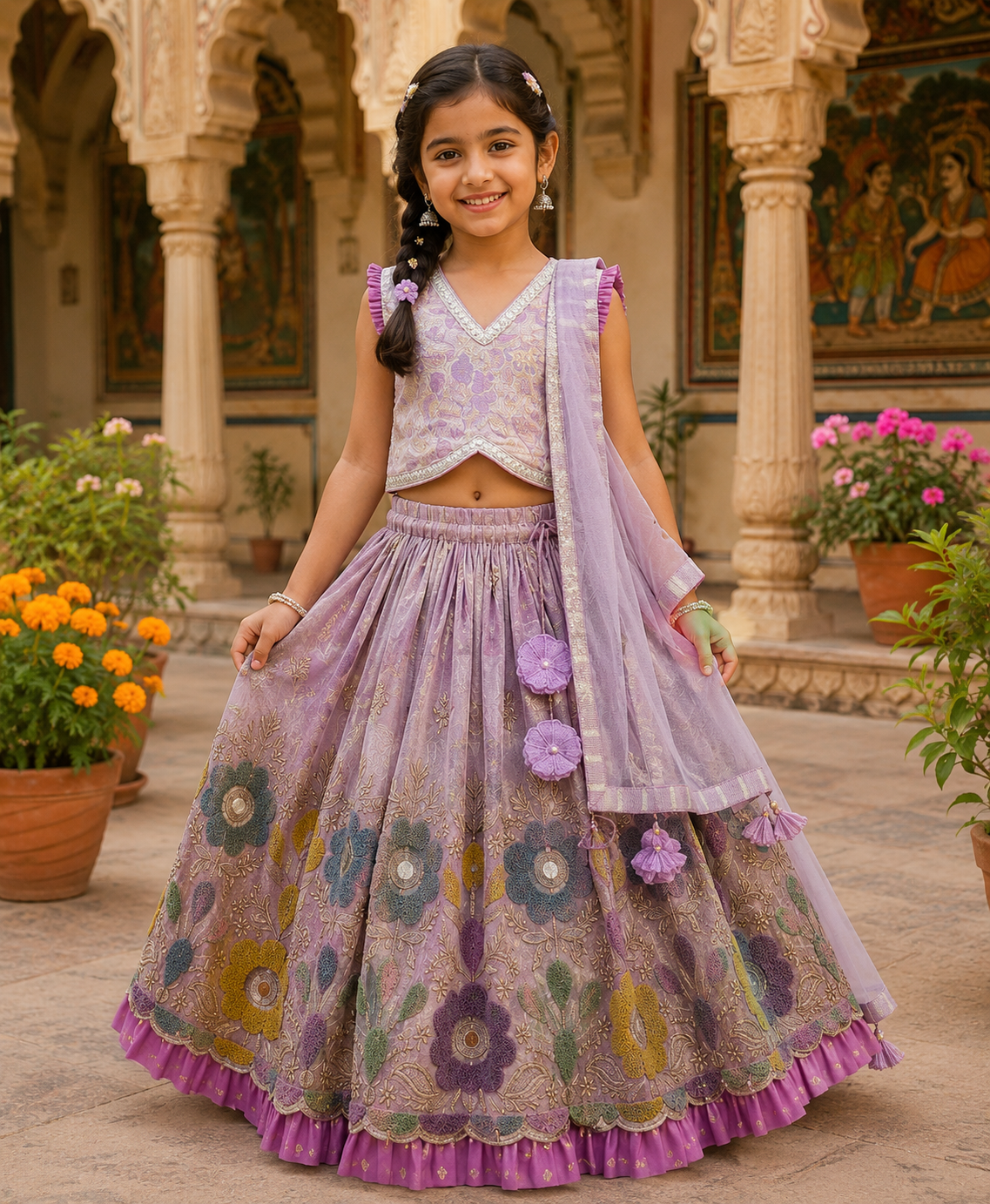 Pleated Armhole Top And Shimmery Lehenga With Matching Net Dupatta