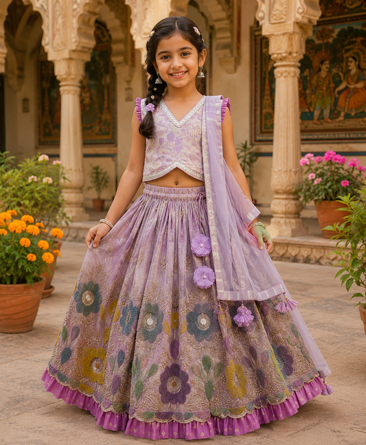 Pleated Armhole Top And Shimmery Lehenga With Matching Net Dupatta