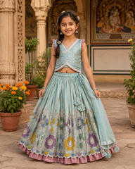 Gorgeous V Neck Top And Shimmery Lehenga With Matching Net Dupatta