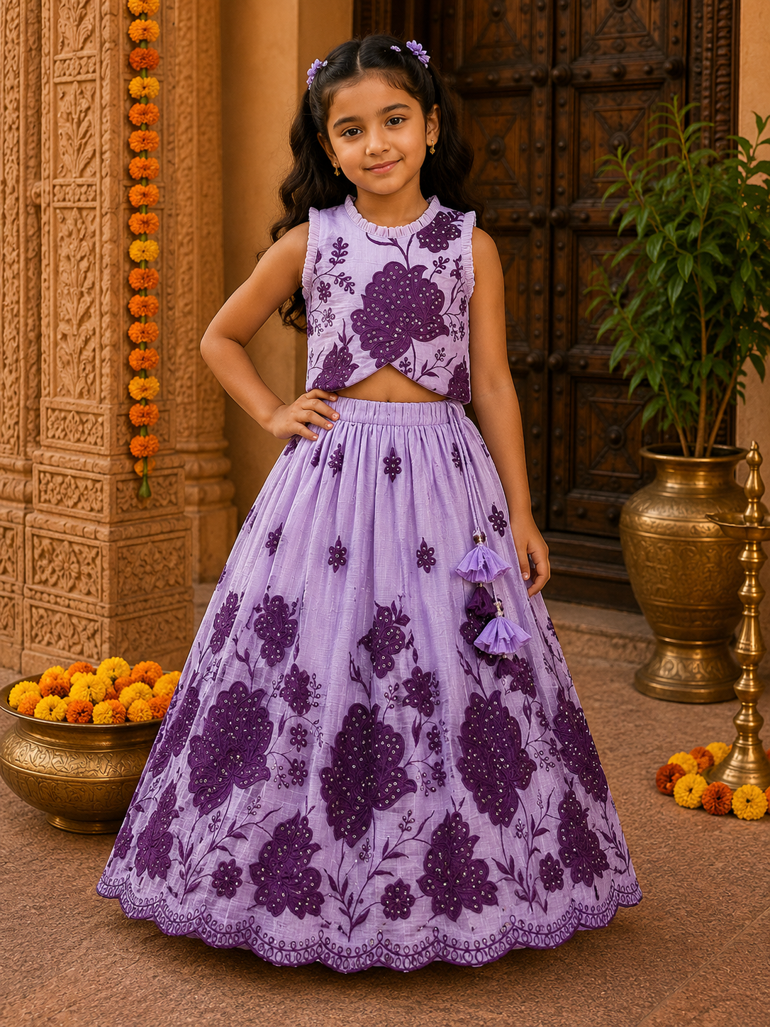 Lavender Floral Embroidered Top And Lehenga