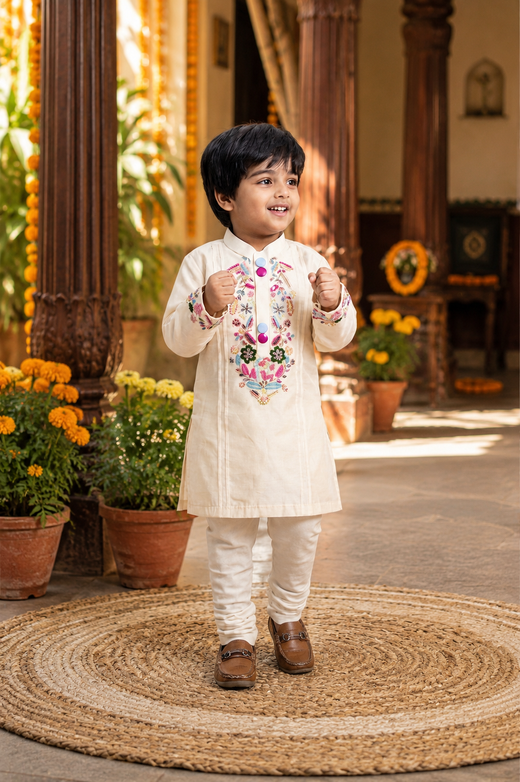 Ivory embroidered kurta with a white pyjama set