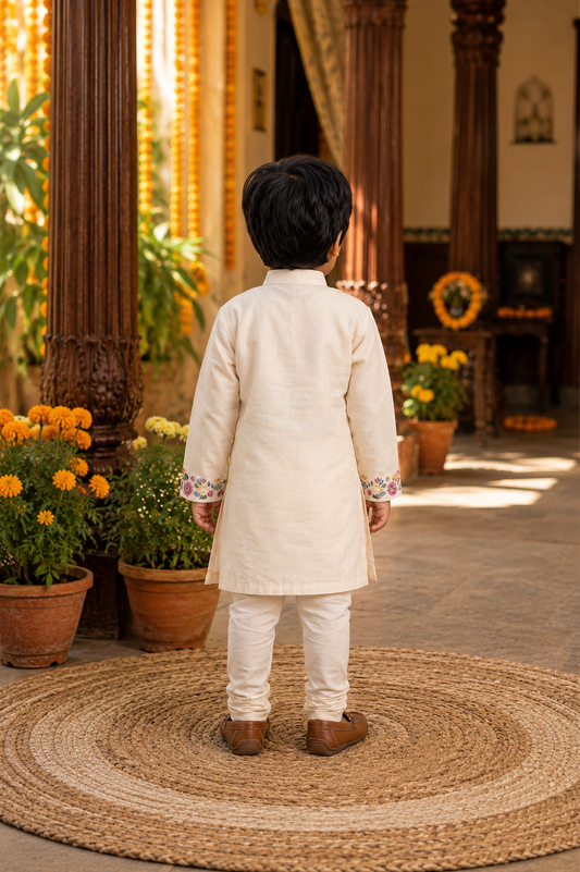 Ivory embroidered kurta with a white pyjama set