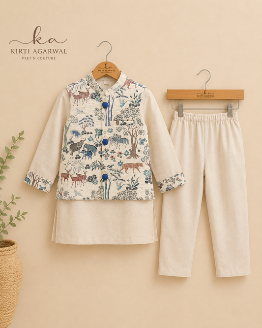 Ethnic Kurta With Animal Motif Jacket And Pyjama