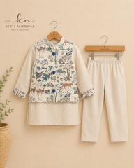 Ethnic Kurta With Animal Motif Jacket And Pyjama