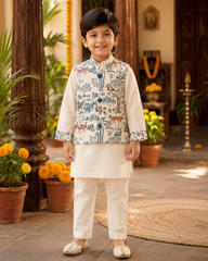 Ethnic Kurta With Animal Motif Jacket And Pyjama & Tree Patchwork Cape With Forest Inspired Palazzo And Top