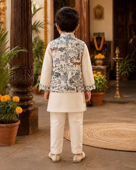 Ethnic Kurta With Animal Motif Jacket And Pyjama
