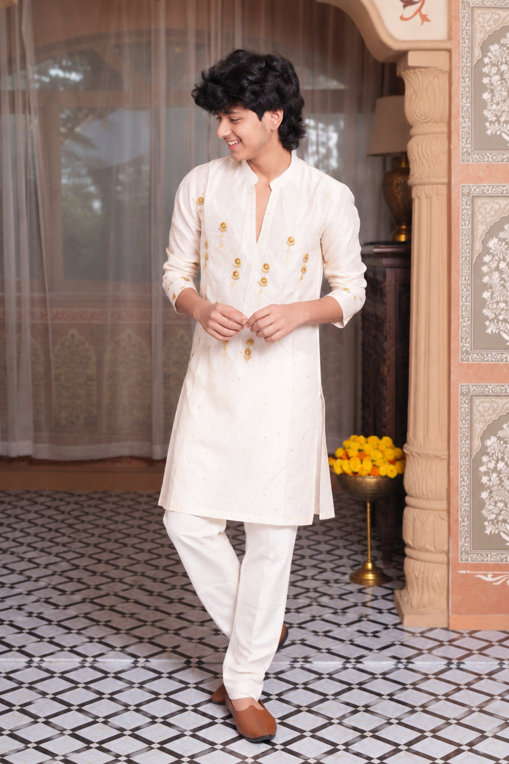 Ivory White Gold-Embroidered Kurta With Matching Pyjama Set