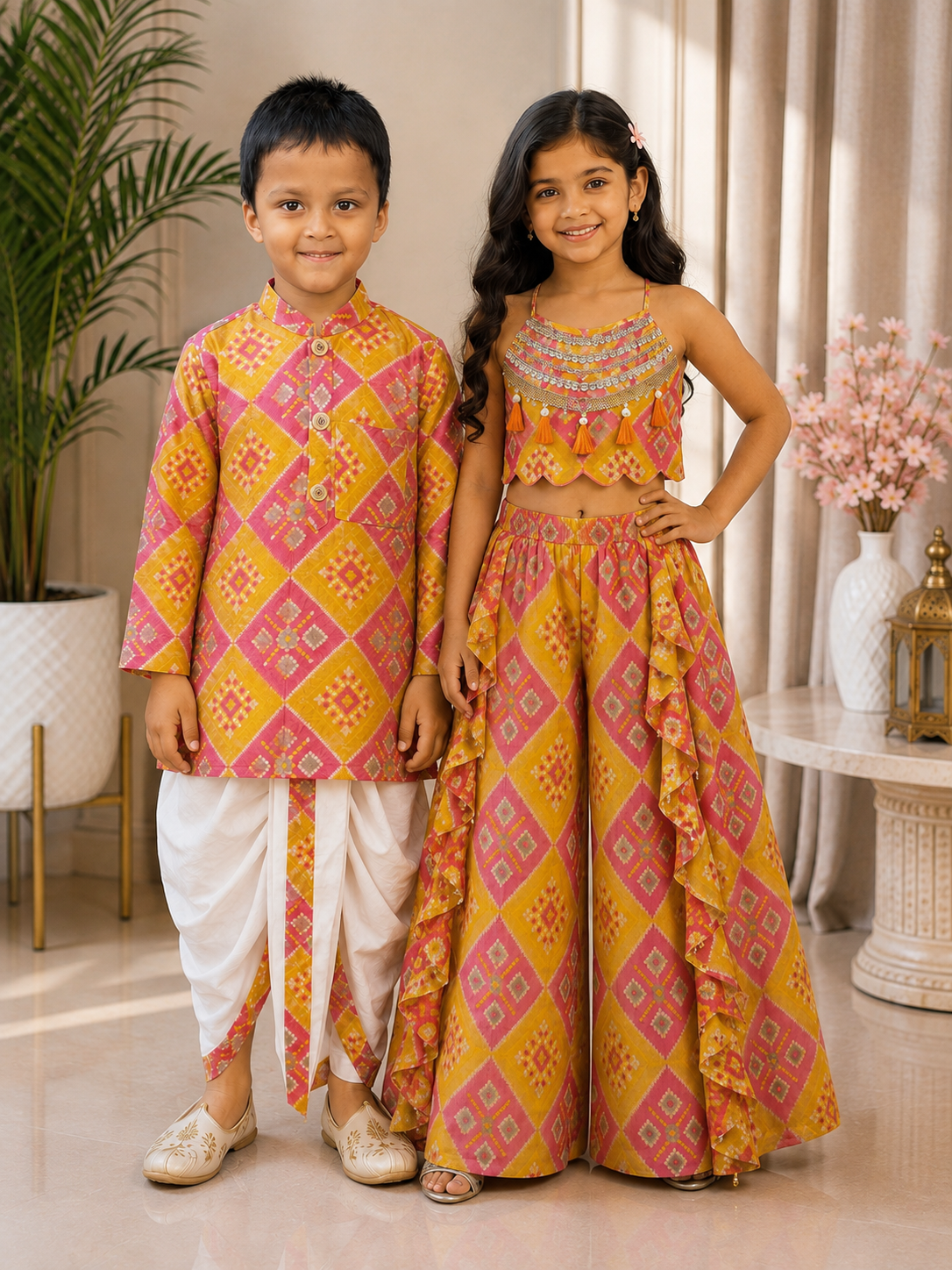 Yellow and Pink Patola Print set for boys and girls.