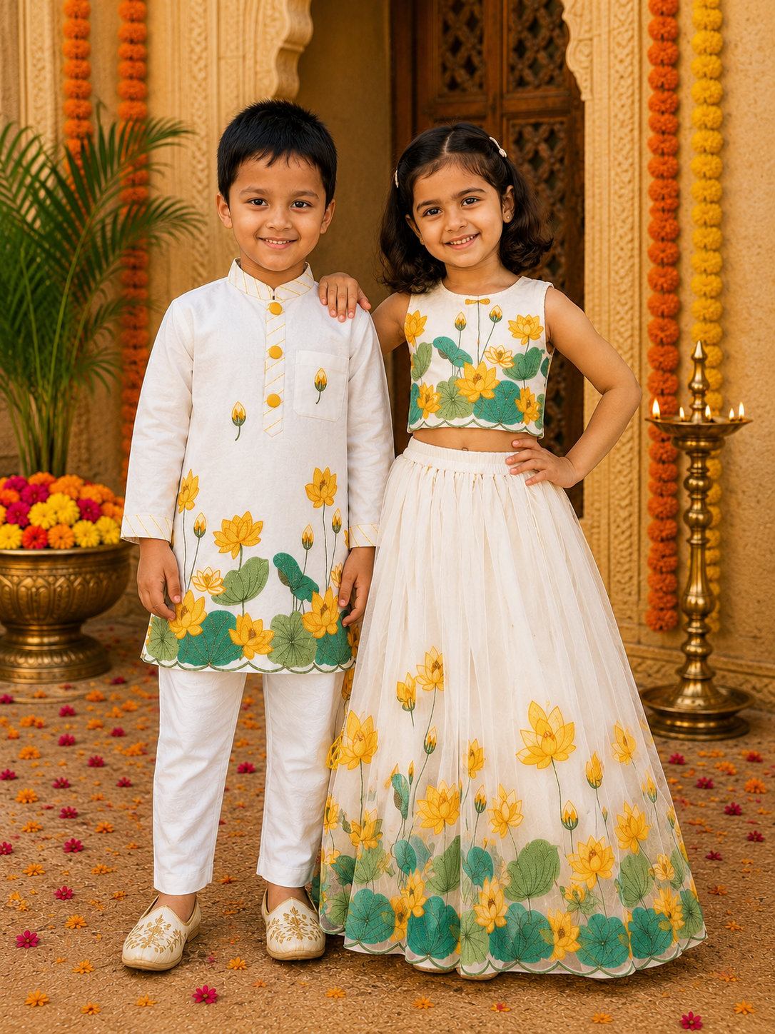 Yellow Lotus Chanderi print outfits for boys and Girls.