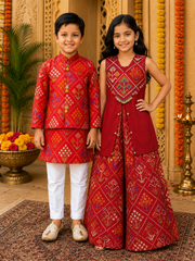 Red Patola Print Jacket Set and Palazzo set for girls