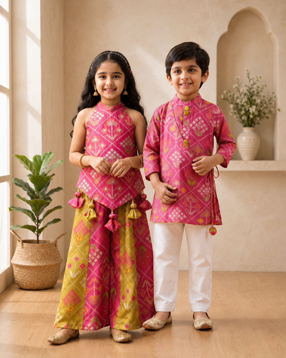 Pink Patola print outfits for boys and Girls