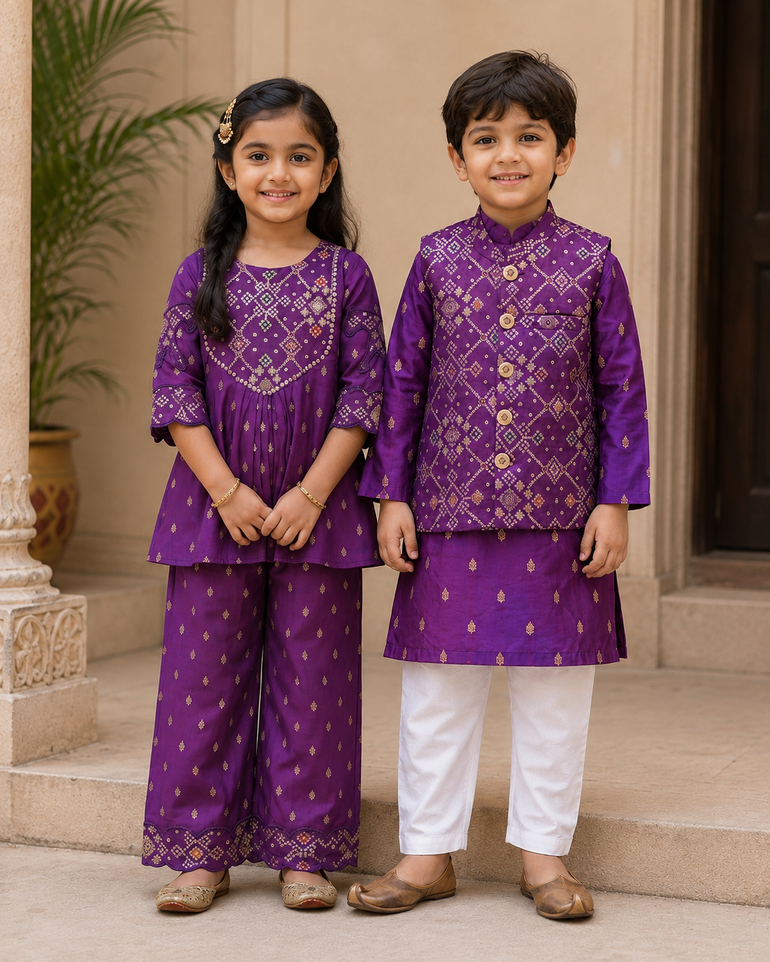 Purple Brocade Silk Outfit sets for boys and girls.