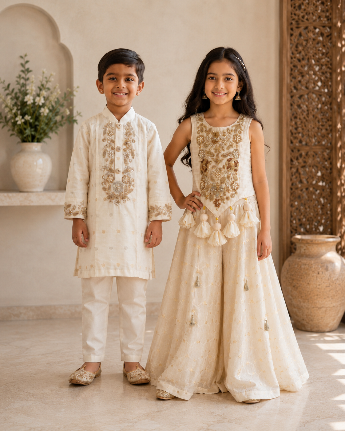 Off white Embroidered Palazzo and Kurta sets for Siblings.