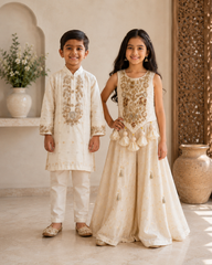 Off white Embroidered Palazzo and Kurta sets for Siblings.