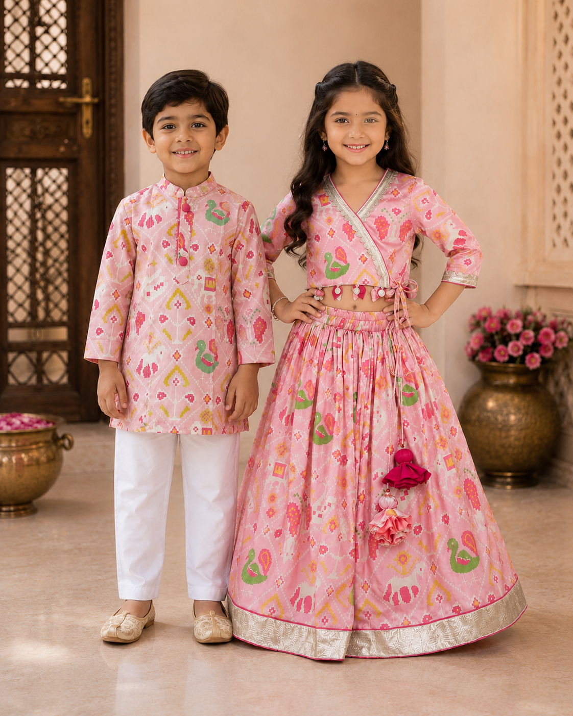 Pink Patola print outfit sets for siblings