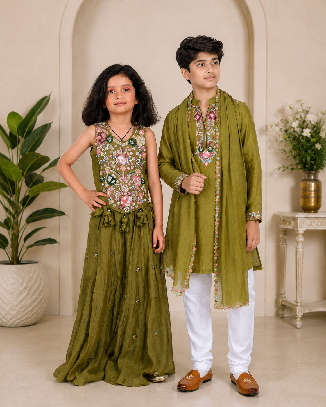 Green Embroidered Kurta set for boys and Palazzo Set for girls