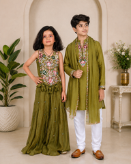 Green Embroidered Kurta set for boys and Palazzo Set for girls