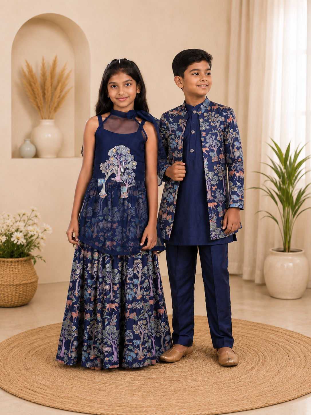 Royal navy blue kurta set & Tree Patchwork Navy blue Cape With Forest Inspired Palazzo