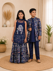 Royal navy blue kurta set & Tree Patchwork Navy blue Cape With Forest Inspired Palazzo
