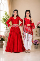 Pure Chanderi Silk 3-Piece Red Lehenga Set & Embroidered One-Shoulder Dhoti Set