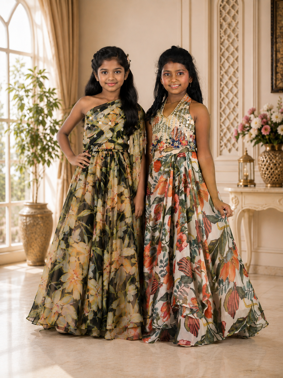 Black Floral Organza Georgette One-Shoulder Lehenga Set & Floral Organza Georgette Lehenga Set with Hand-Embroidered Halter Blouse