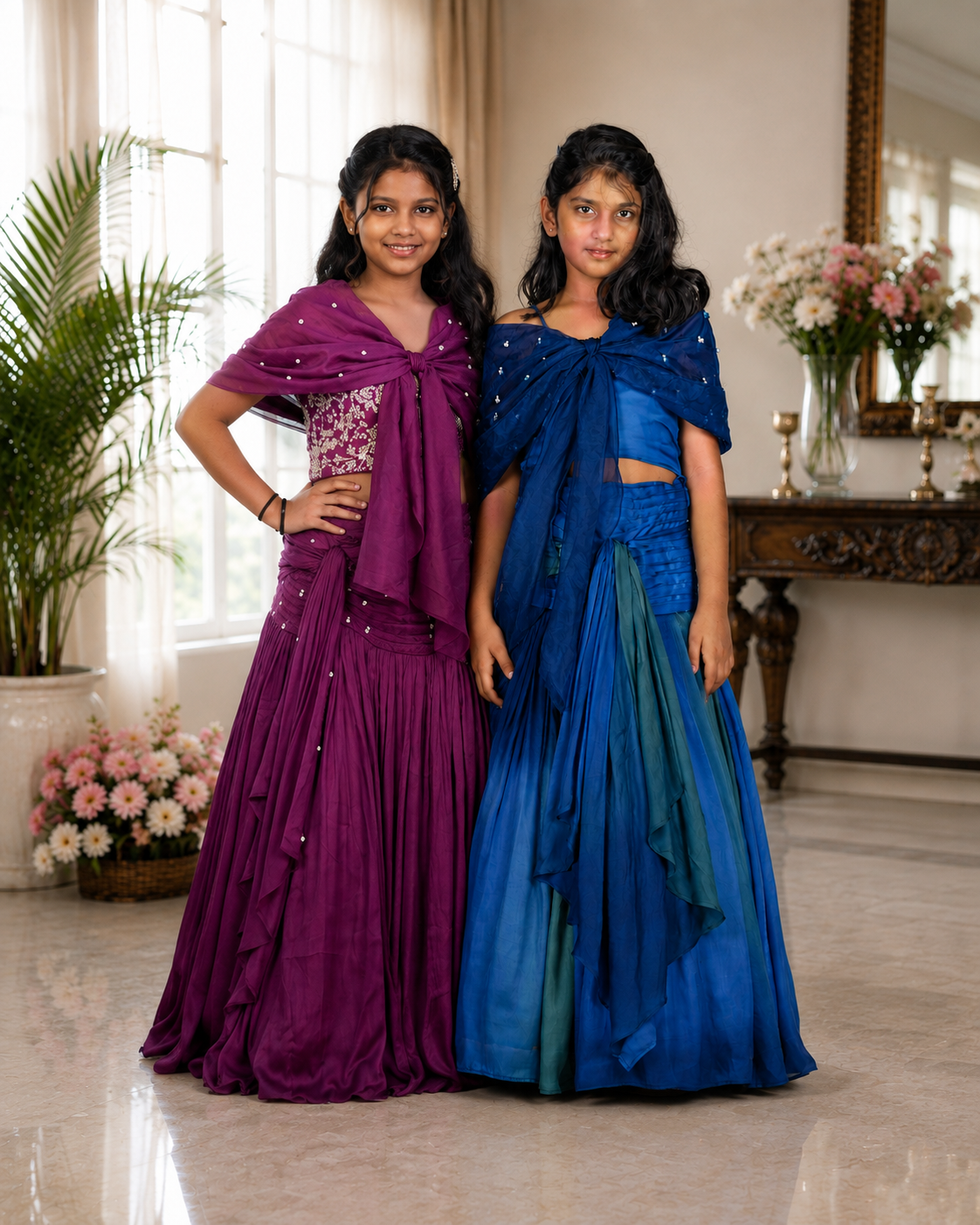 Ombre Blue Crop Top with Cape Lehenga Set & Purple Embroidered Organza Lehenga Set