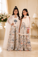 Tree Patchwork Cape With Forest Inspired Palazzo And Top & Ivory Organza Cape Set with Embroidered Silk Top & Printed Silk Palazzo
