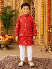 Red Patola Outfit Sets for boys and girls.