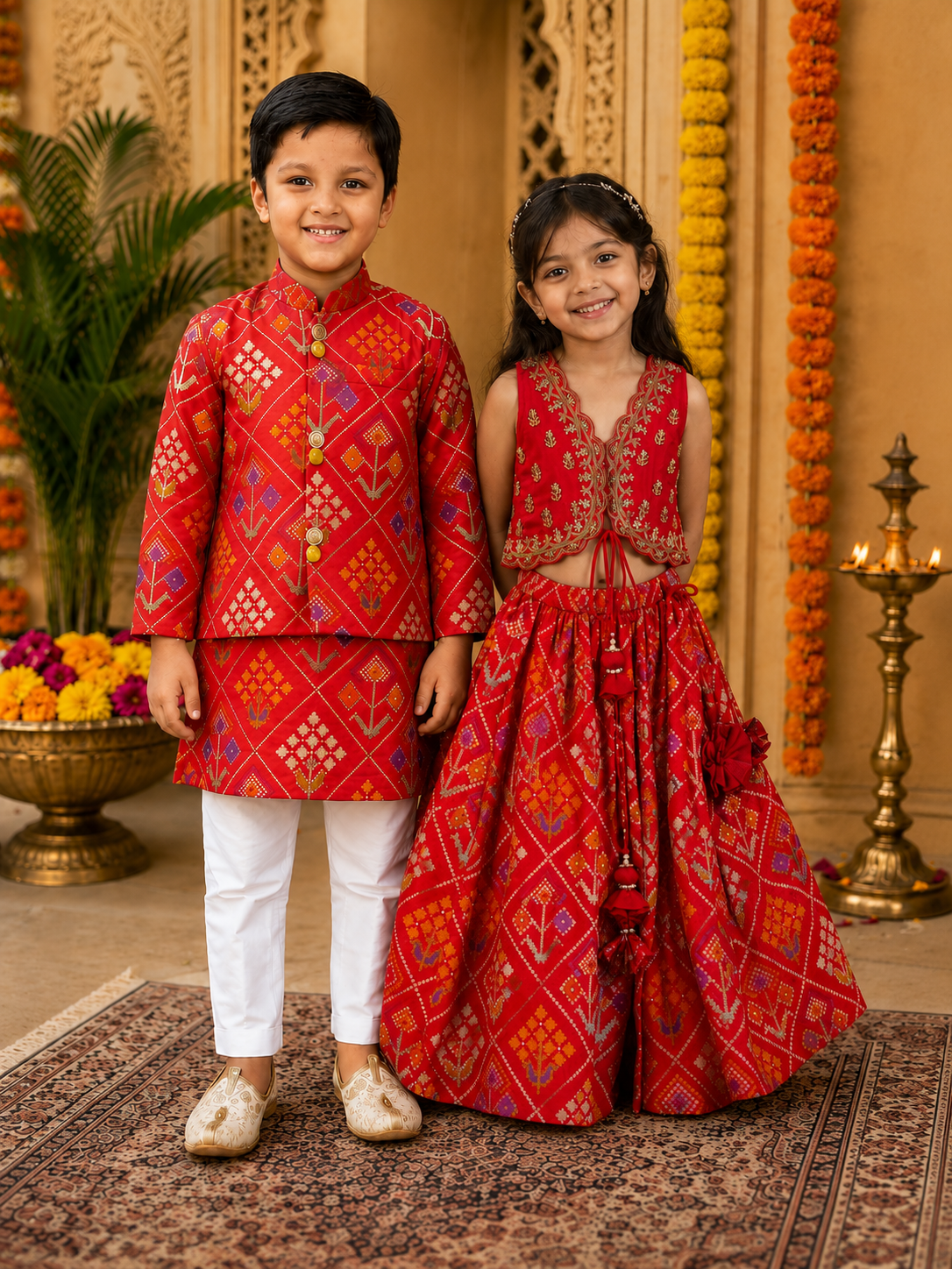 Red Patola Outfit Sets for boys and girls.