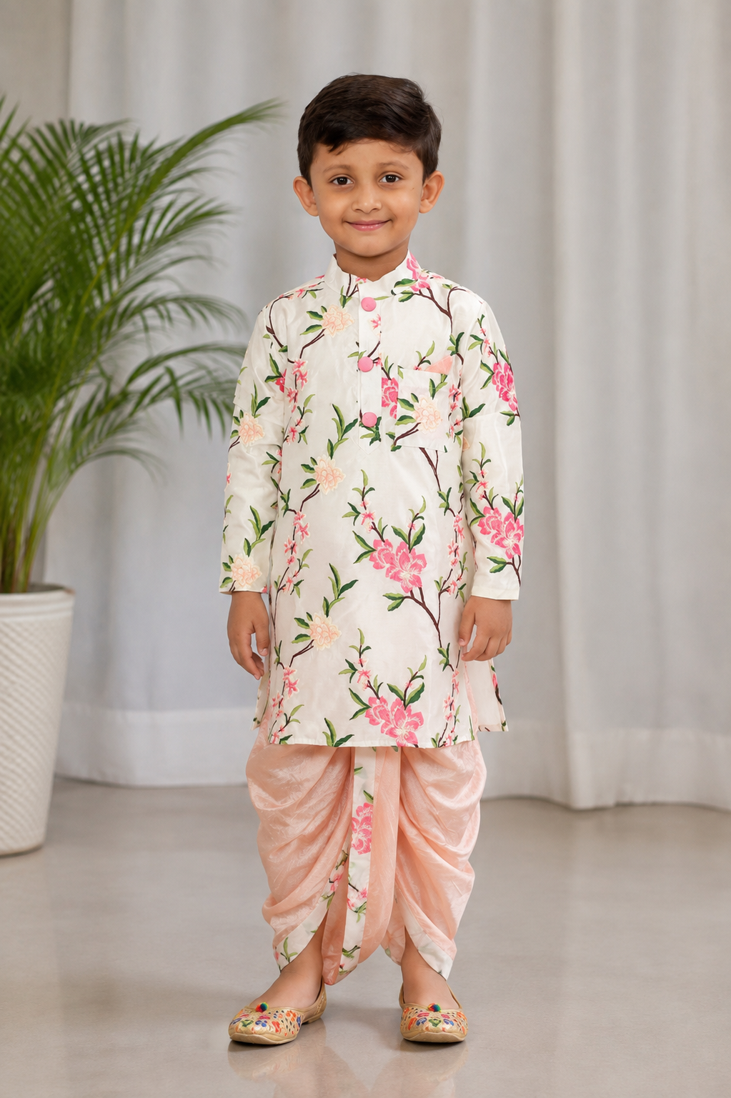 White Embroidered Floral Kurta with Dhoti for Boys