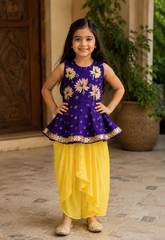 Purple Peplum Top with Golden Floral Embroidery and Yellow Dhoti Set for Kids