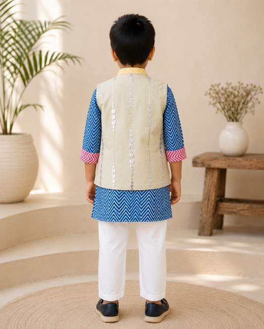 Blue Zig Zag Print Kurta with Abla work Jacket and Chudidar