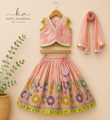 Pleated Armhole Elegant Top And Shimmery Lehenga With Matching Net Dupatta