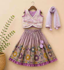 Pleated Armhole Top And Shimmery Lehenga With Matching Net Dupatta
