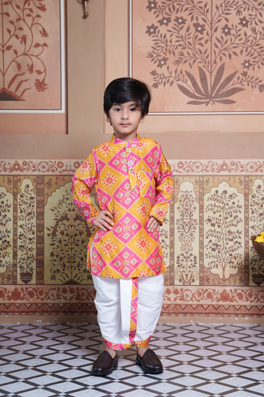 Vibrant Pink & Yellow Silk Kurta with White Elasticated Dhoti