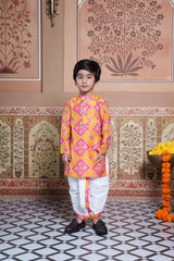 Vibrant Pink & Yellow Silk Kurta with White Elasticated Dhoti