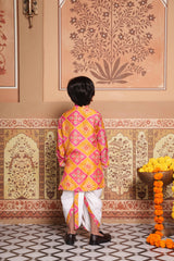 Vibrant Pink & Yellow Silk Kurta with White Elasticated Dhoti