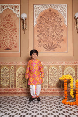 Vibrant Pink & Yellow Silk Kurta with White Elasticated Dhoti