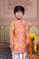 Vibrant Pink & Yellow Silk Kurta with White Elasticated Dhoti