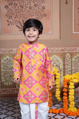 Vibrant Pink & Yellow Silk Kurta with White Elasticated Dhoti