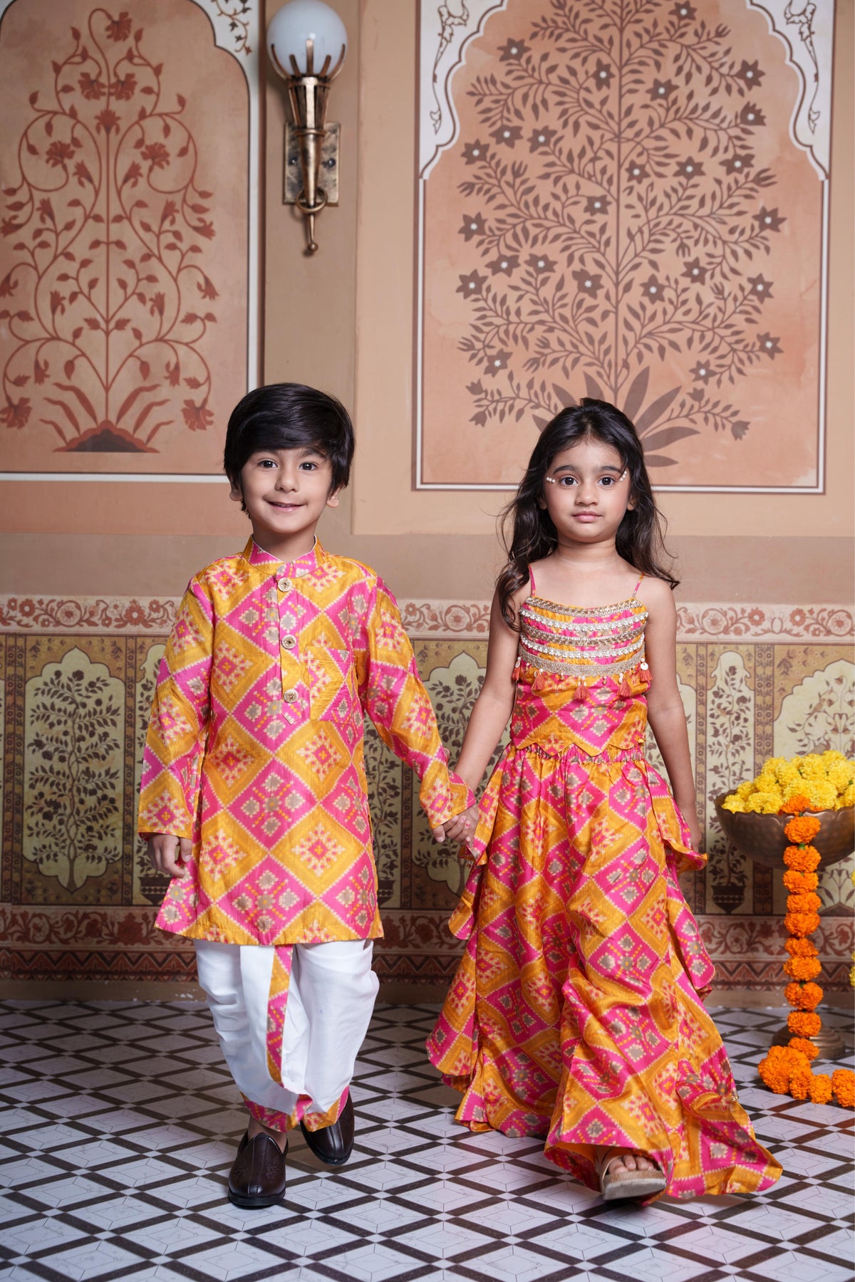 Yellow and Pink Patola Print set for boys and girls.