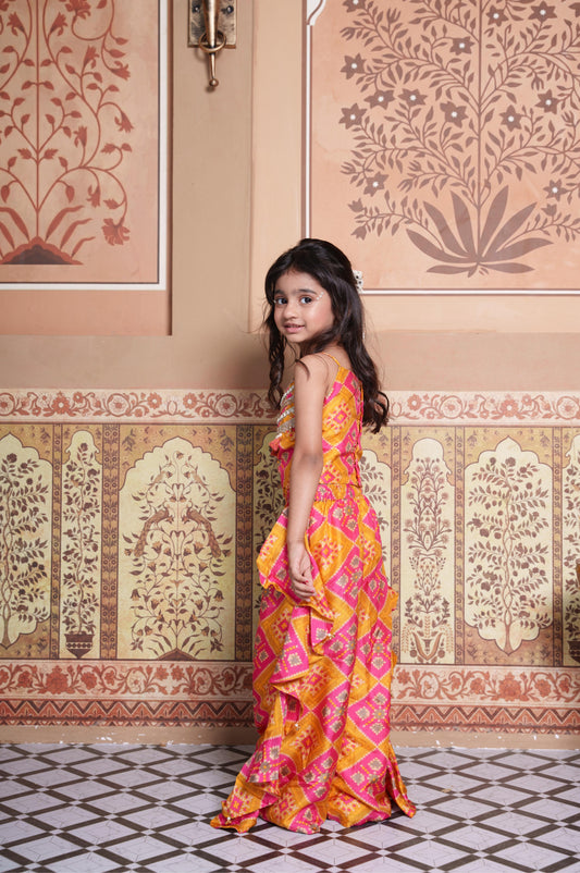 Vibrant Handcrafted Silk Crop Top with Ruffled Palazzo Set for Girls.