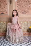 Dusty Old Rose Tissue Silk Top with Silver Floral Embroidery, Statement Hangings & Embellished Lehenga.