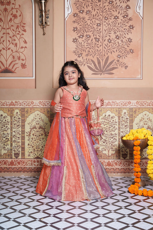 Stunning rust orange 4-piece tissue silk lehenga set with embellished crop top, net dupatta and matching potli bag