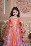 Stunning rust orange 4-piece tissue silk lehenga set with embellished crop top, net dupatta and matching potli bag