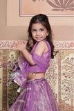 Beautiful lavender 4-piece tissue silk and net lehenga set with embellished crop top, dupatta and matching potli bag.