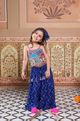 Stylish blue embroidered Georgette 3-piece set with a crop top, flowy palazzo and matching Bandhana.