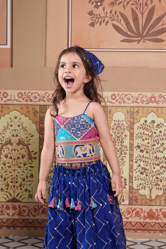 Stylish blue embroidered Georgette 3-piece set with a crop top, flowy palazzo and matching Bandhana.