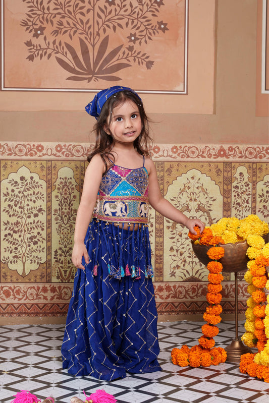 Stylish blue embroidered Georgette 3-piece set with a crop top, flowy palazzo and matching Bandhana.
