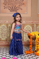 Stylish blue embroidered Georgette 3-piece set with a crop top, flowy palazzo and matching Bandhana.